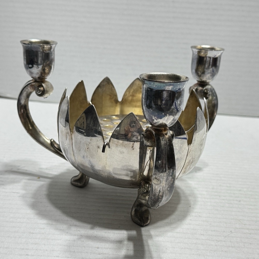 Vtg Leonard Candle Holder Silverplate Lotus Decorative Centerpiece Flower Frog - Picture 6 of 12